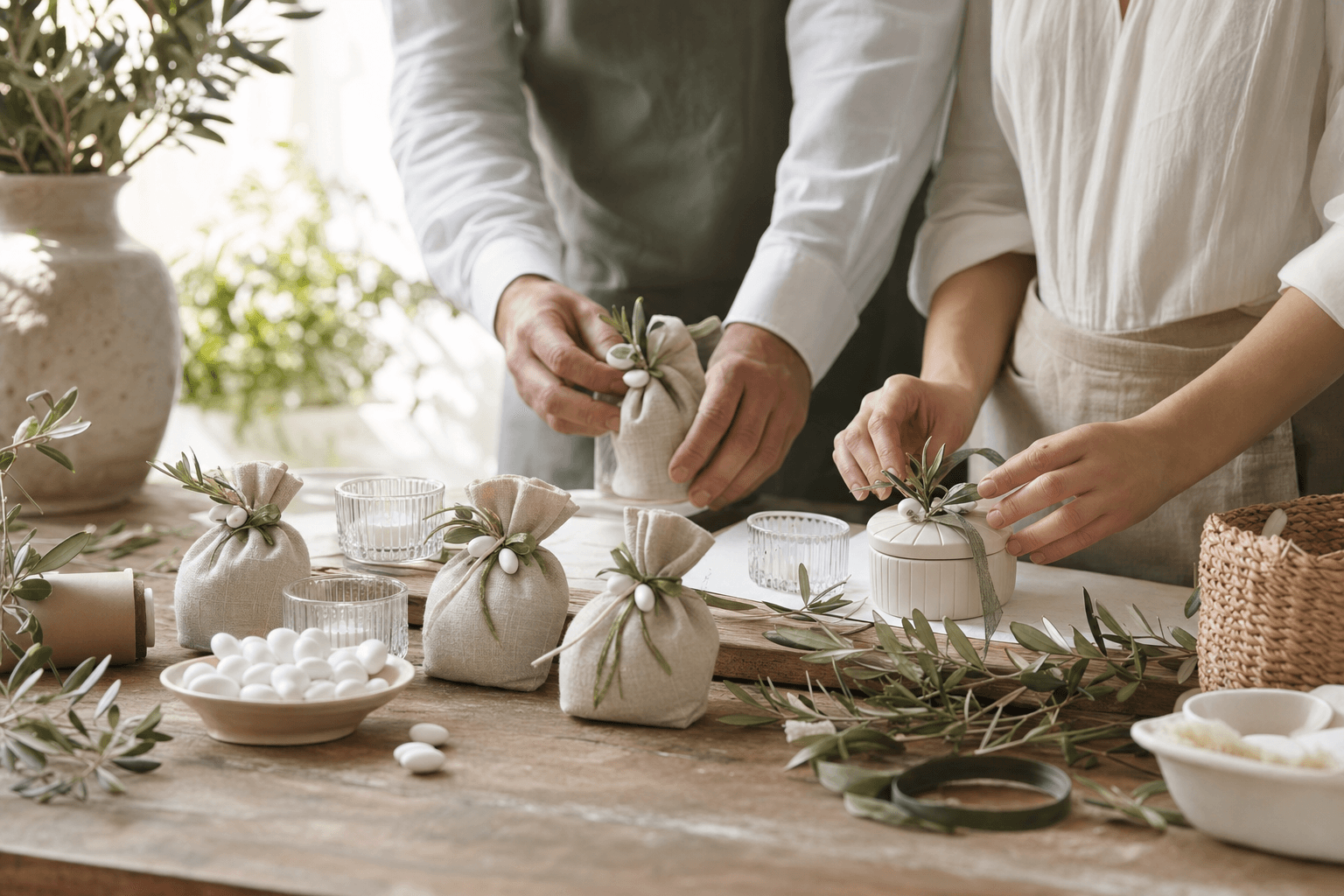 Bomboniere ecologiche in ceramica, vetro e lino con confetti per matrimonio e battesimo.