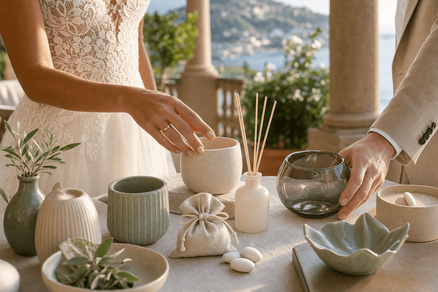 Selezione di bomboniere matrimonio 2027 in gres, vetro satinato, profumatore ambiente e confetti bianchi.