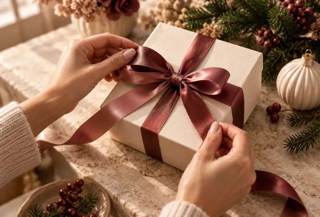 Mani che chiudono un pacco regalo con nastro bordeaux
